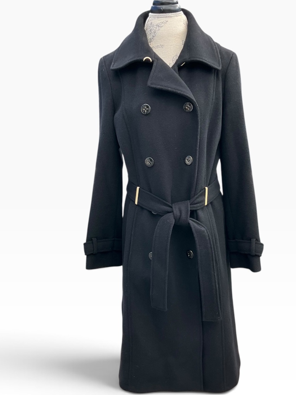 Calvin Klein Women’s Black Double-Breasted Trench Coat Belt Wool Size 12 EUC